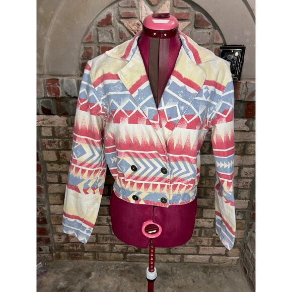 Jean Jacket Aztec print cropped Vintage 1980s red blue cream - Picture 1 of 11